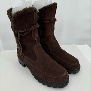 Brown Suede Fur Trim Winter Boots Women Size 9 Side Zip Cozy‎ Warm